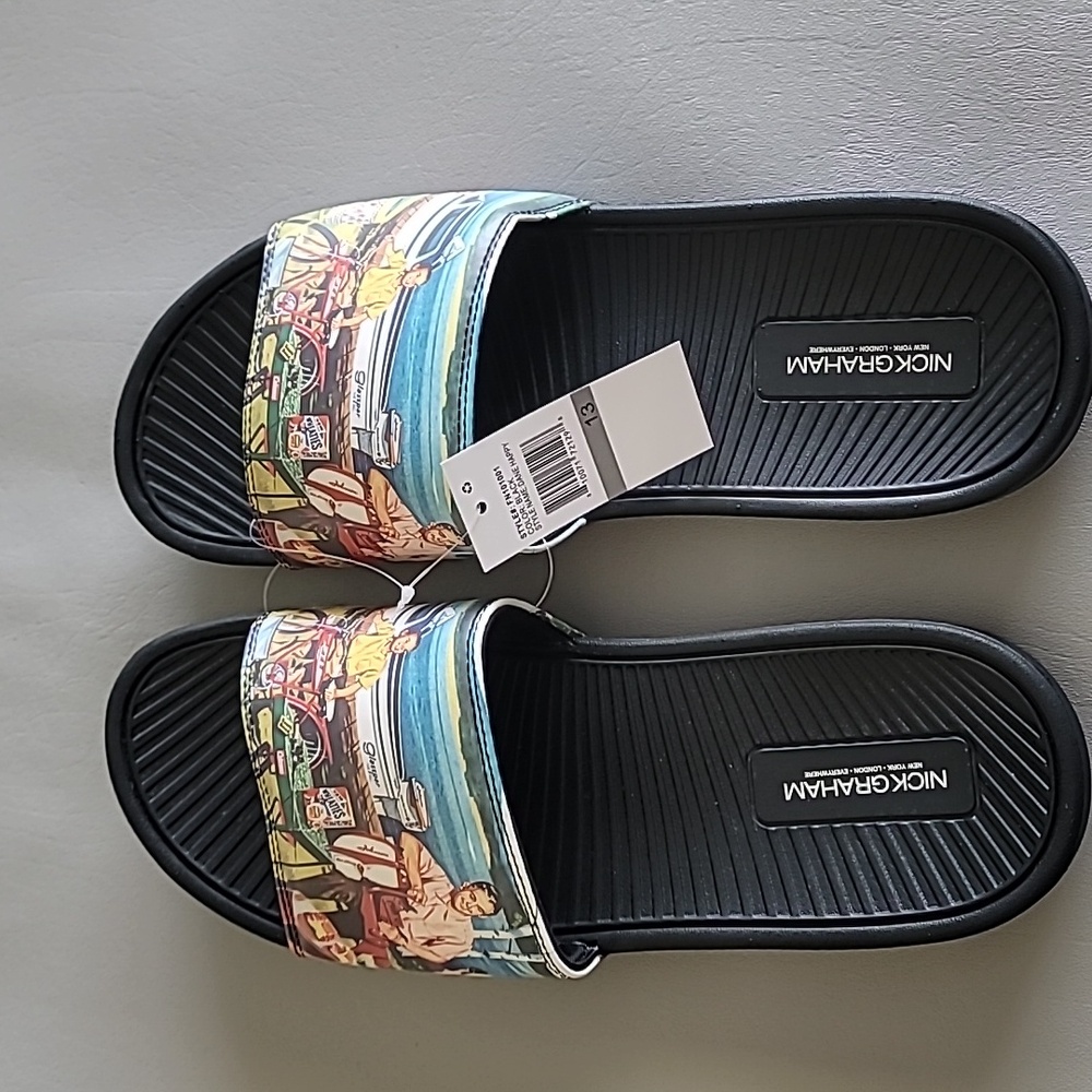 Nick Graham Dane Happy Men's Slide Sandals Beach Print Father Day Size 13 M